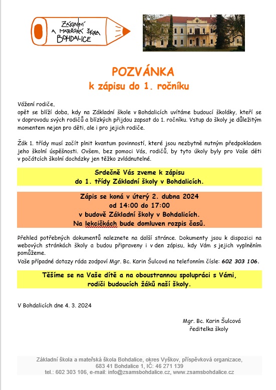 Pozvánka k zápisu do 1. ročníku